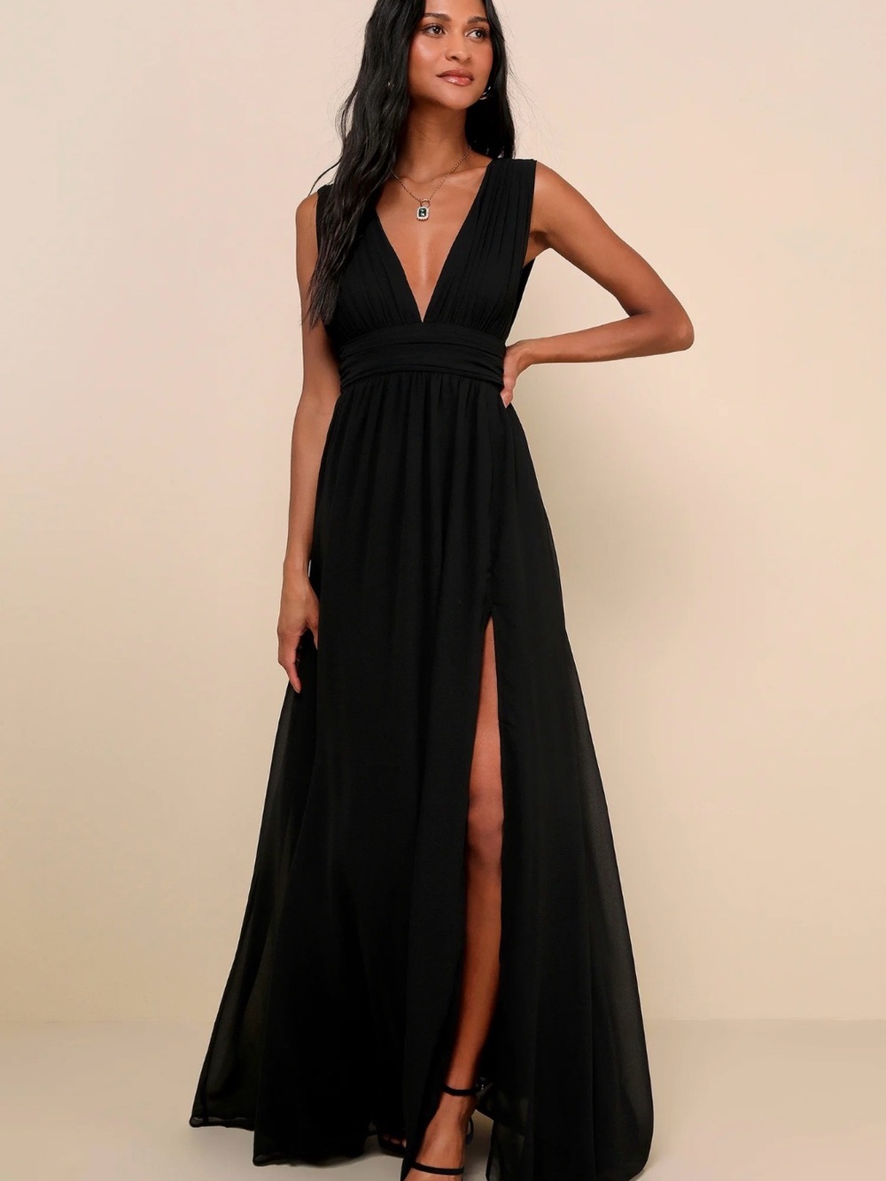 Elegant Black V-Neck Dress with Front Slit